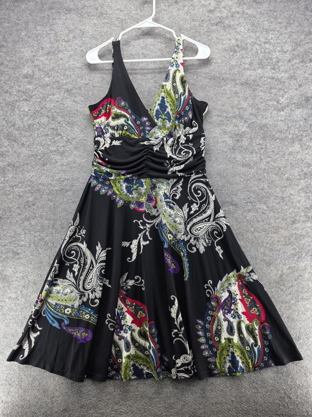 R&K Originals Dress Womens 14 Sleeveless V Neck Black Paisley Fit Flare
